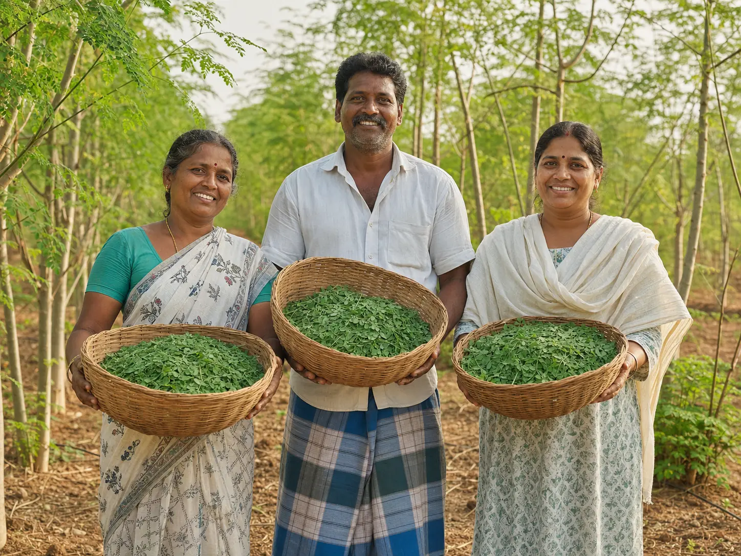 Moringa growers holding freshly harvested leaves