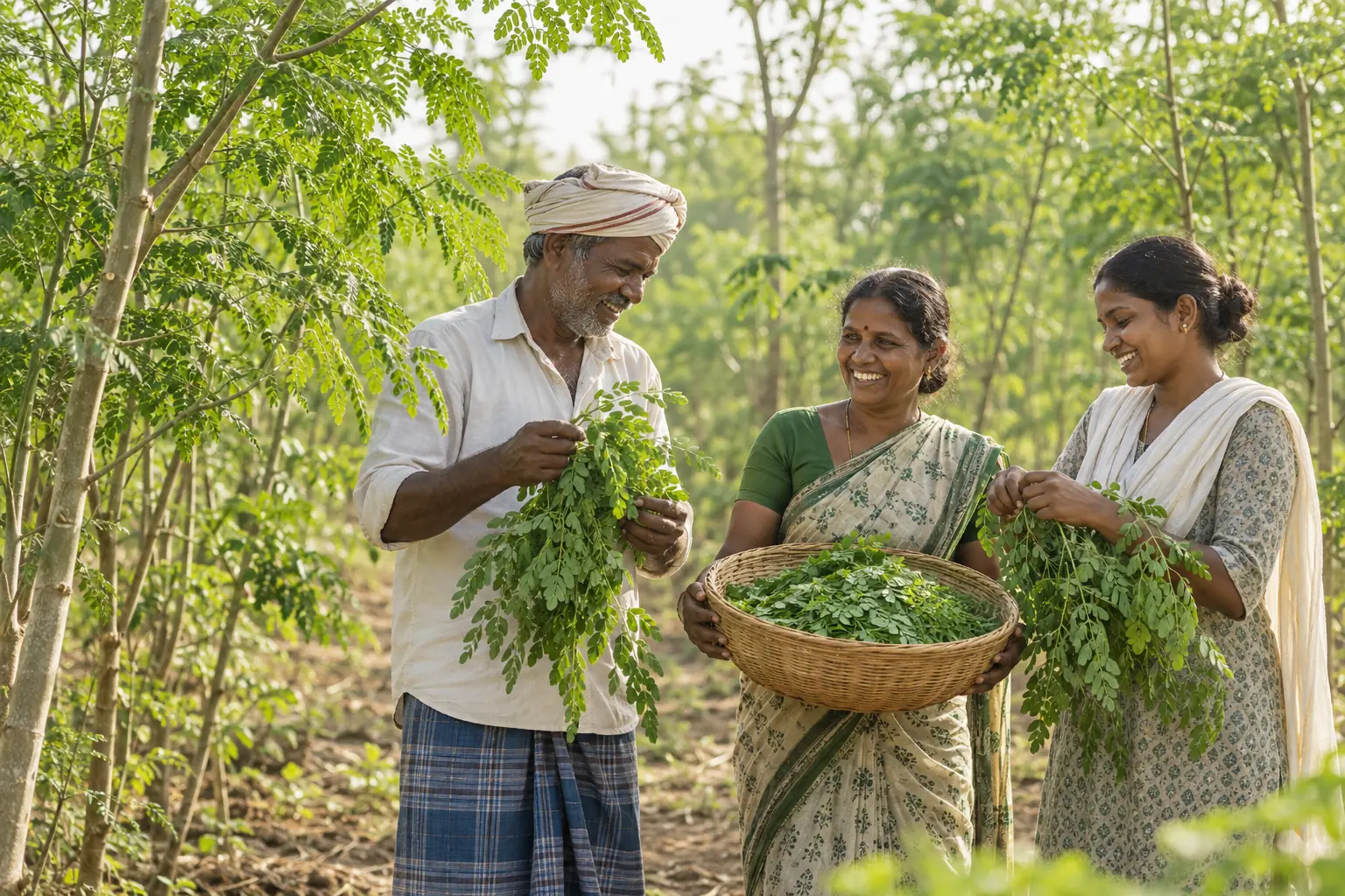 Indian growers harvesting fresh moringa leaves in a sunlit organic grove