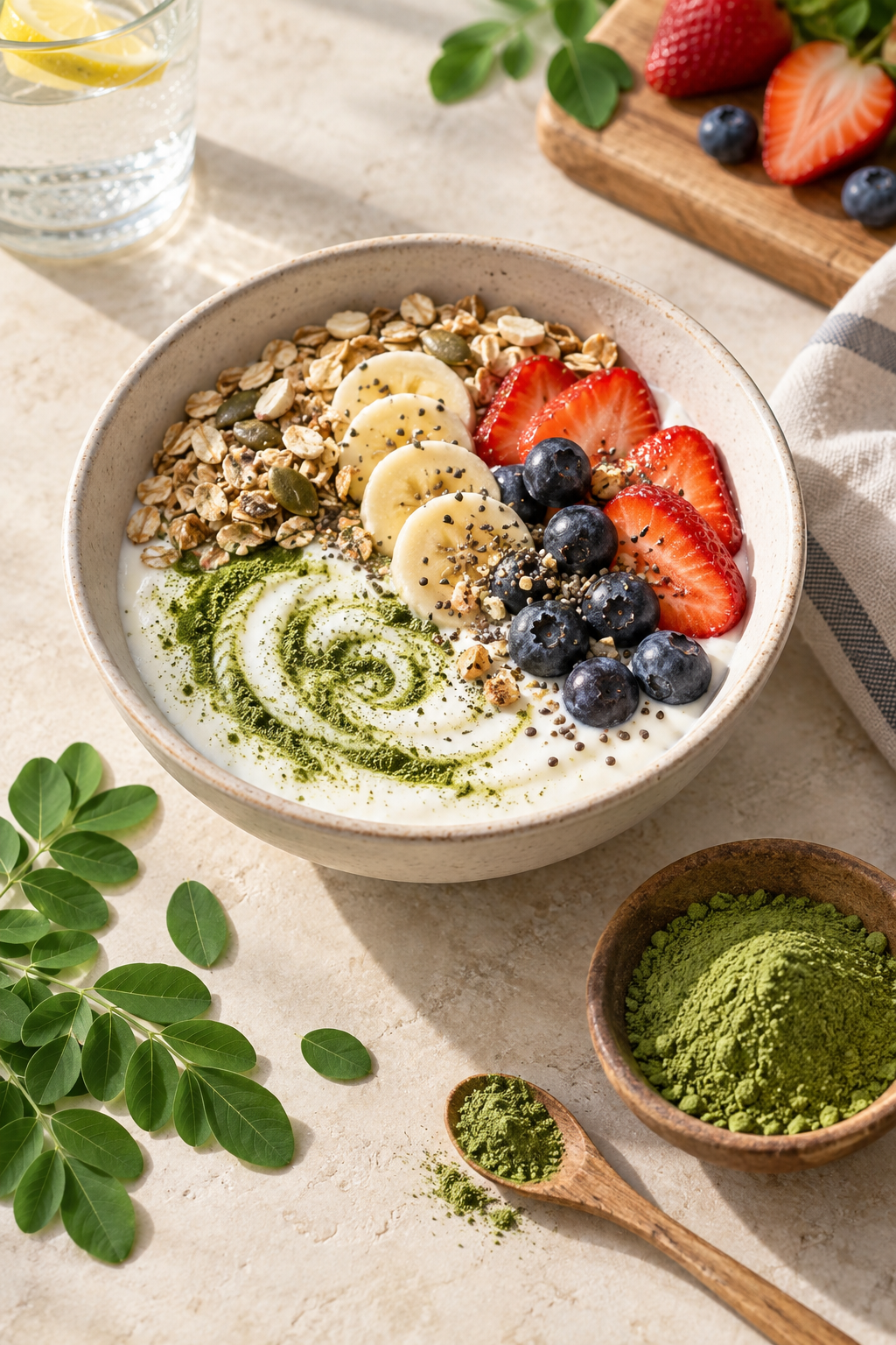 Yogurt breakfast bowl topped with moringa powder and fruit